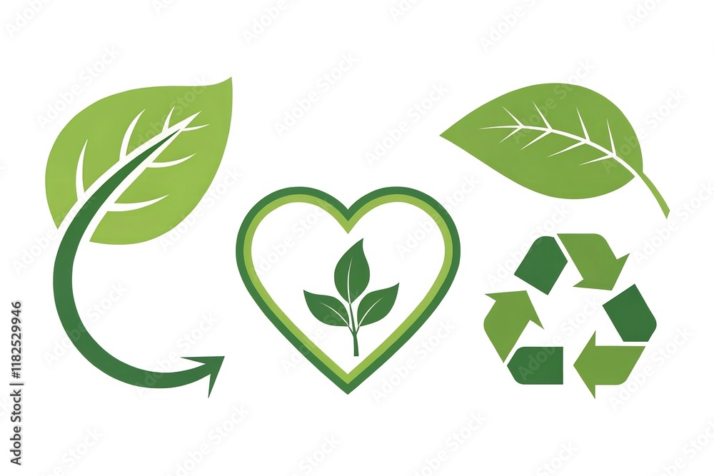 Recycle icon set. Arrows, heart, and leaf recycle eco-green symbol. Rounded angles. Recycled signs isolated on white background. Recycle icon set. Arrows, heart, and leaf recycle eco-green symbol. Rounded angles. Recycled signs isolated on white background.