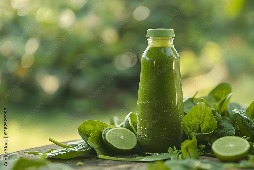 Fresh green smoothie with spinach and lime on a wooden table in a lush outdoor setting Fresh green smoothie with spinach and lime on a wooden table in a lush outdoor setting