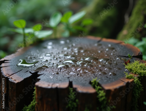 Raindrops forming miniature pools on a weathered tree stump photo