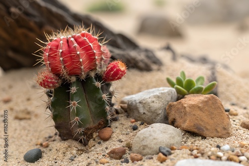 Gymnocalycium cactus plant, the red moon cactus grafted onto the rootstock in sandy soil