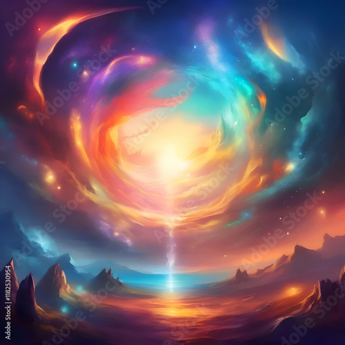 Sunrise in space, vibrant color, Dramatic art.