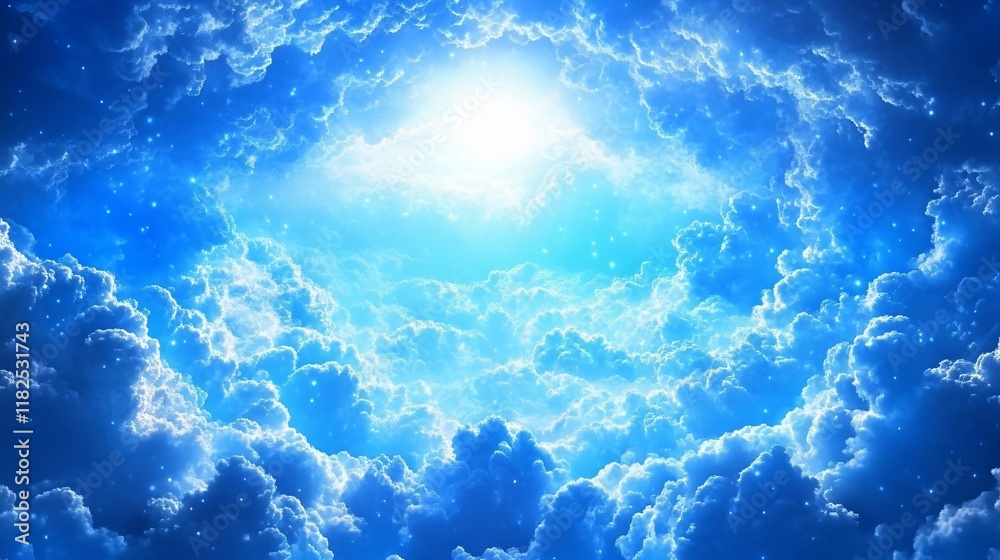 Heavenly Cloudscape, Bright Blue Sky with Glowing Stars and Celestial Light Heavenly Cloudscape, Bright Blue Sky with Glowing Stars and Celestial Light