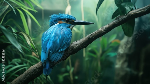 A vibrant blue kingfisher perches gracefully on a branch, its brilliant plumage standing out against a softly blurred natural background.