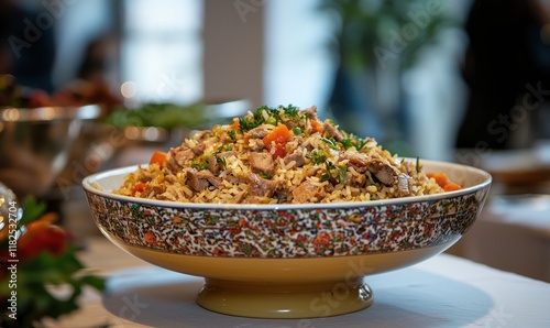 Fragrant plov served in a pale yellow bowl highlights the richness of Kazakh culture at a communal dining celebration