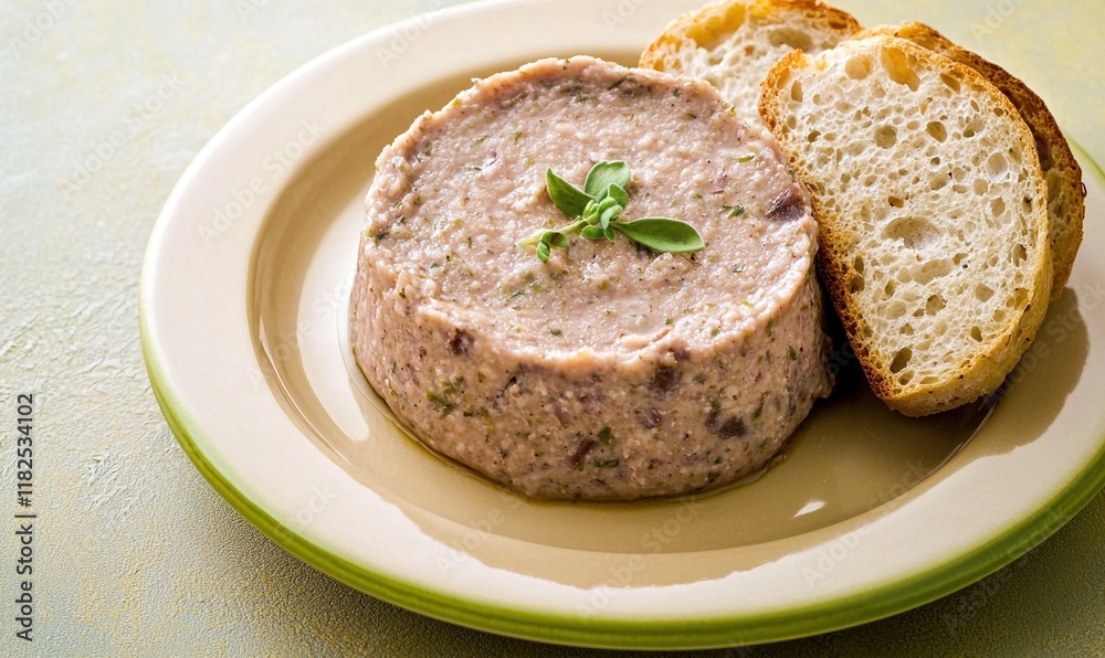 Rich pate de Liege with fresh bread served on a smooth beige dish against an olive green backdrop Rich pate de Liege with fresh bread served on a smooth beige dish against an olive green backdrop