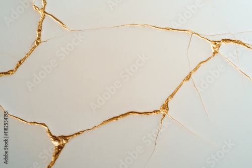 Golden cracks repairing a white surface, creating a kintsugi effect