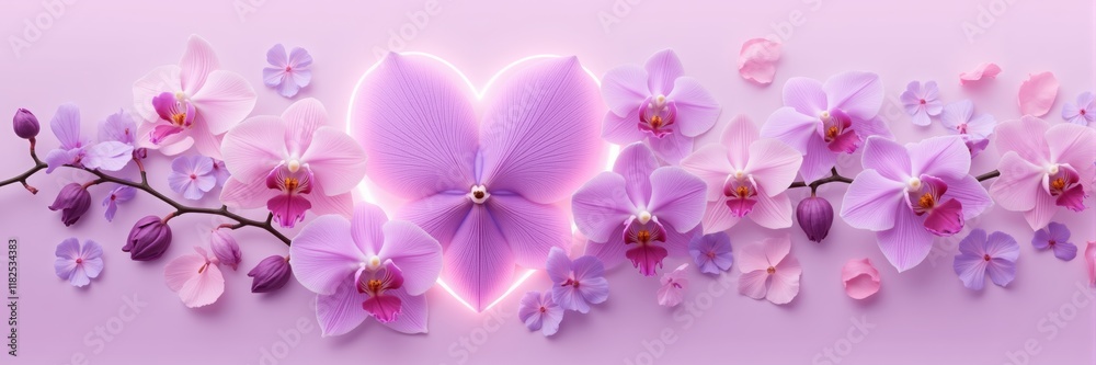 Fototapeta premium Orchids in heart shape bloom with glowing highlights, love symbolism