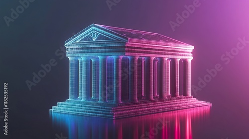 A futuristic icon of a bank on a black background