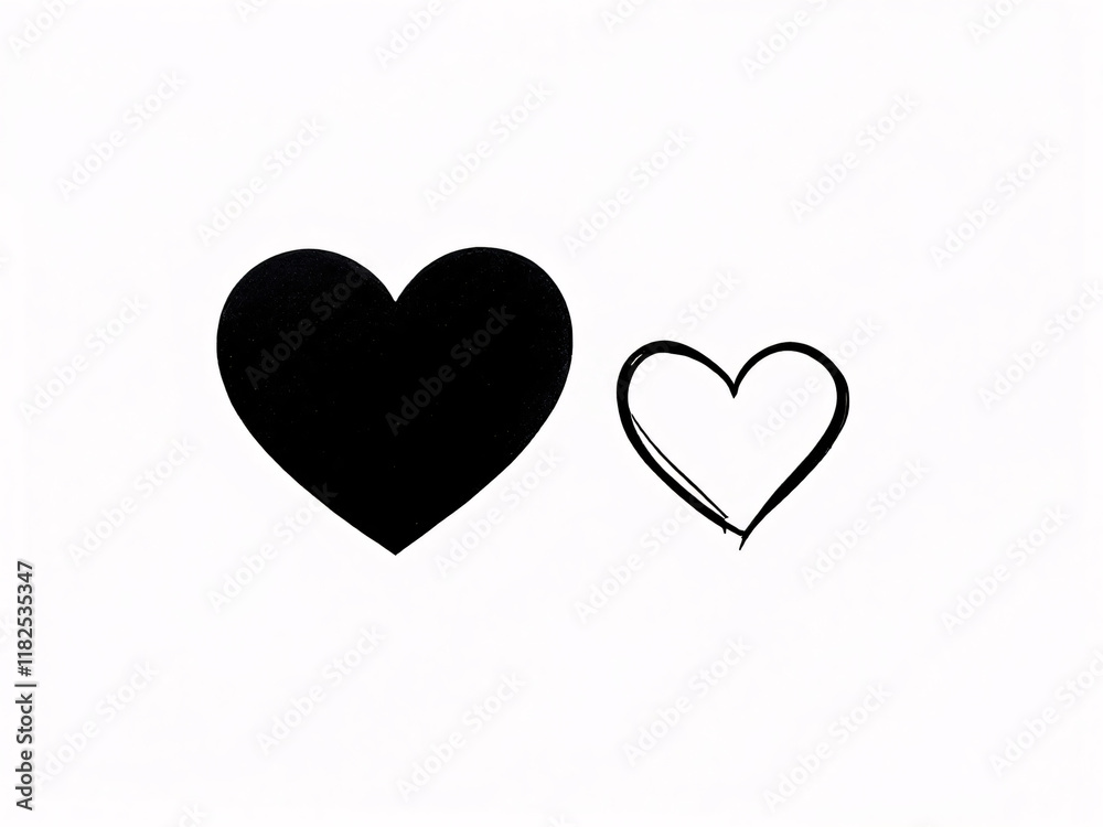 Heart icons in black and white, outlined and filled styles. Heart icons in black and white, outlined and filled styles.