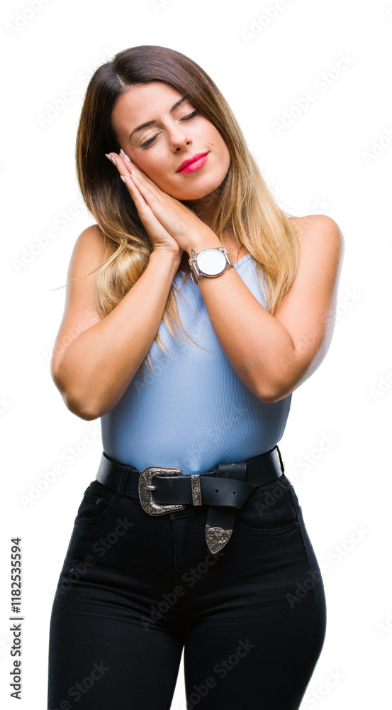 Young beautiful elegant business woman over isolated background sleeping tired dreaming and posing with hands together while smiling with closed eyes. Young beautiful elegant business woman over isolated background sleeping tired dreaming and posing with hands together while smiling with closed eyes.