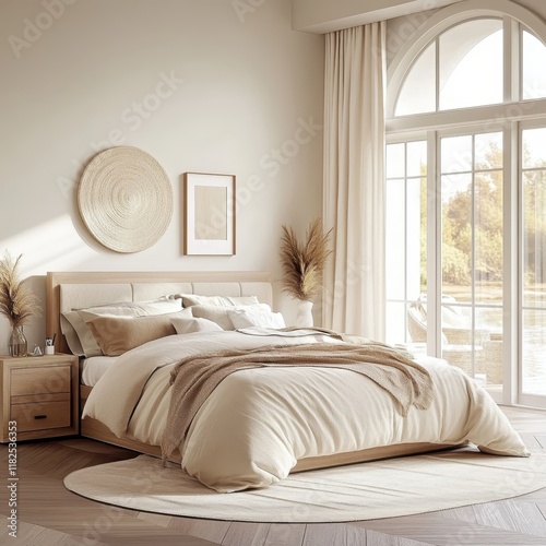 Cozy bedroom interior, natural light, arched window, neutral color palette, beige and cream tones, textured bedding, round wall mirror, minimalist decor, dried pampas grass, woven rug, wooden furnitur photo