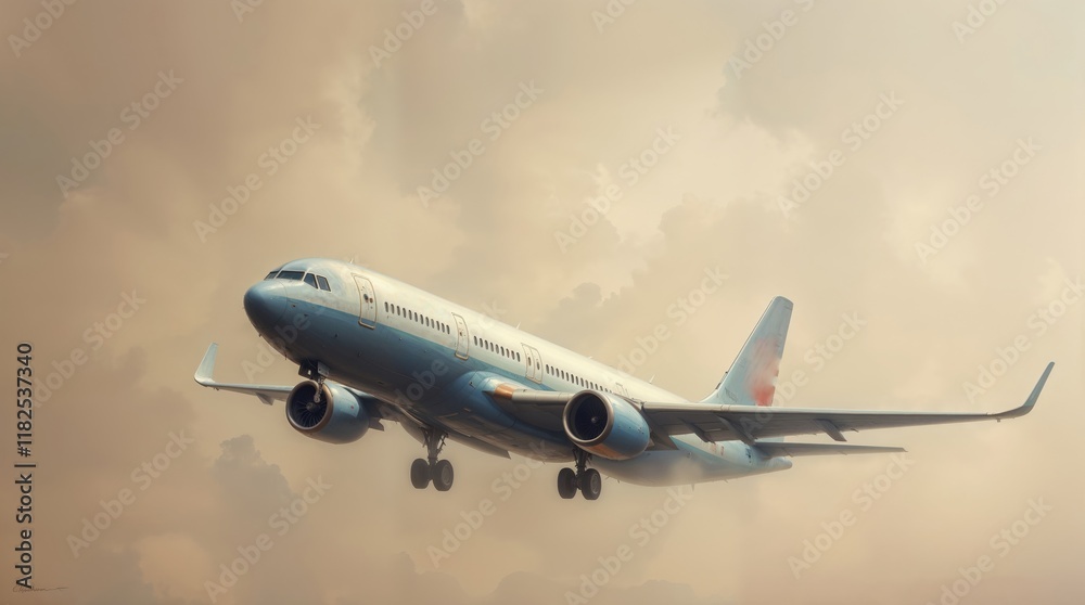 Airplane Approaching Landing Amidst Cloudy Sky During Late Afternoon Lighting Airplane Approaching Landing Amidst Cloudy Sky During Late Afternoon Lighting