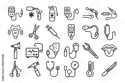 Set of Medical Equipment & Supplies Icons Line Art Vector Illustration