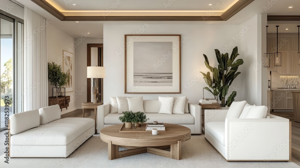 Fototapeta premium Living room interior, neutral color palette, white sofa, wooden coffee table, potted olive tree, minimalist wall art, textured wallpaper, natural light, cozy atmosphere, Scandinavian design influence,