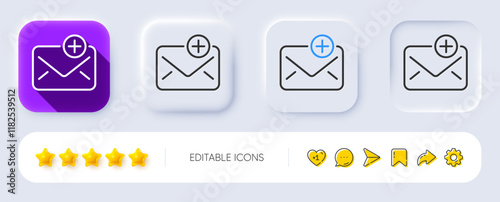 New Mail line icon. Neumorphic, Flat shadow, 3d buttons. Add Message correspondence sign. E-mail symbol. Line new Mail icon. Social media icons. Vector