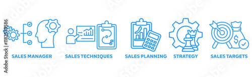 Sales Management icon set illustration concept with icon of sales manageer, sales techniques, sales planning, strategy, sales targets photo