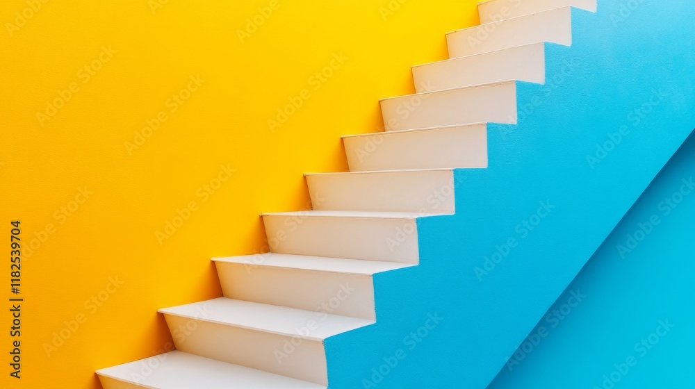Fototapeta premium Bright geometric staircase with vibrant yellow and blue wall design