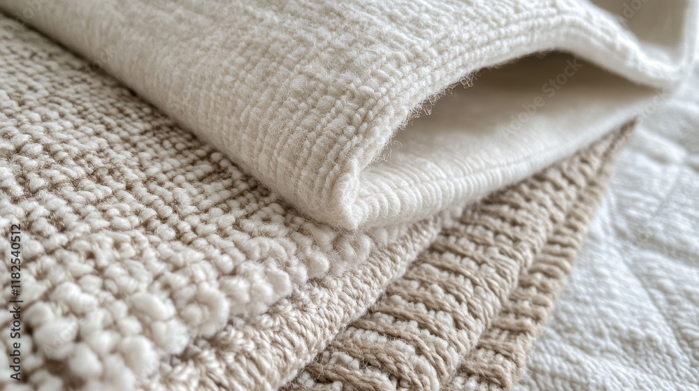 Cozy modern textiles home interior fabric collection neutral tones close-up soft layered textures Cozy modern textiles home interior fabric collection neutral tones close-up soft layered textures