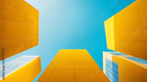 Bright yellow geometric building exteriors under clear blue sky photo