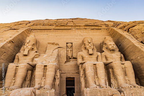 Abu Simbel, Aswan, Egypt. Massive statues at the entrance to the Great Temple of Ramesses II.