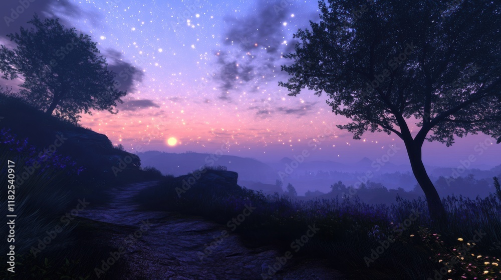 Starry pastel evening over lavender hills serene landscape nature's beauty dreamy environment Starry pastel evening over lavender hills serene landscape nature's beauty dreamy environment