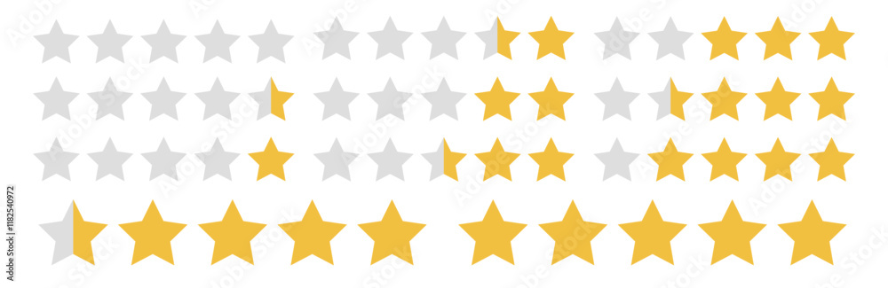 Vector star icon set with rating bar for review and evaluation. Flat yellow symbols for rank, vote, and feedback. Isolated design template for app interface, premium quality. Vector star icon set with rating bar for review and evaluation. Flat yellow symbols for rank, vote, and feedback. Isolated design template for app interface, premium quality.