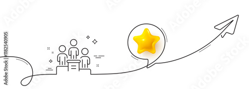 Business podium line icon. Continuous line with share plane. Employee nomination sign. Teamwork award symbol. 3d star in speech bubble. Business podium single line ribbon. Loop curve pattern. Vector