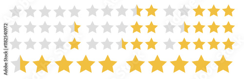 Vector star icon set with rating bar for review and evaluation. Flat yellow symbols for rank, vote, and feedback. Isolated design template for app interface, premium quality.