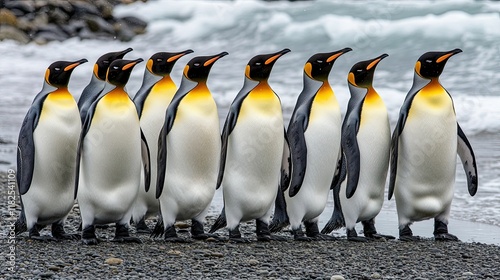 Group of king penguins standing in a line along the rocky beach by the ocean on a cloudy day
