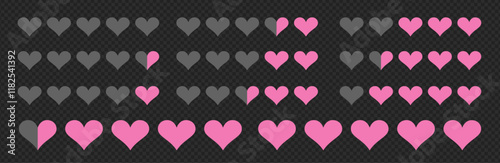 Pink heart icon vector for love, like, and social reaction. Level bar for rating, review, and satisfaction scale. Half meter and progress poll for customer survey and product evaluation.