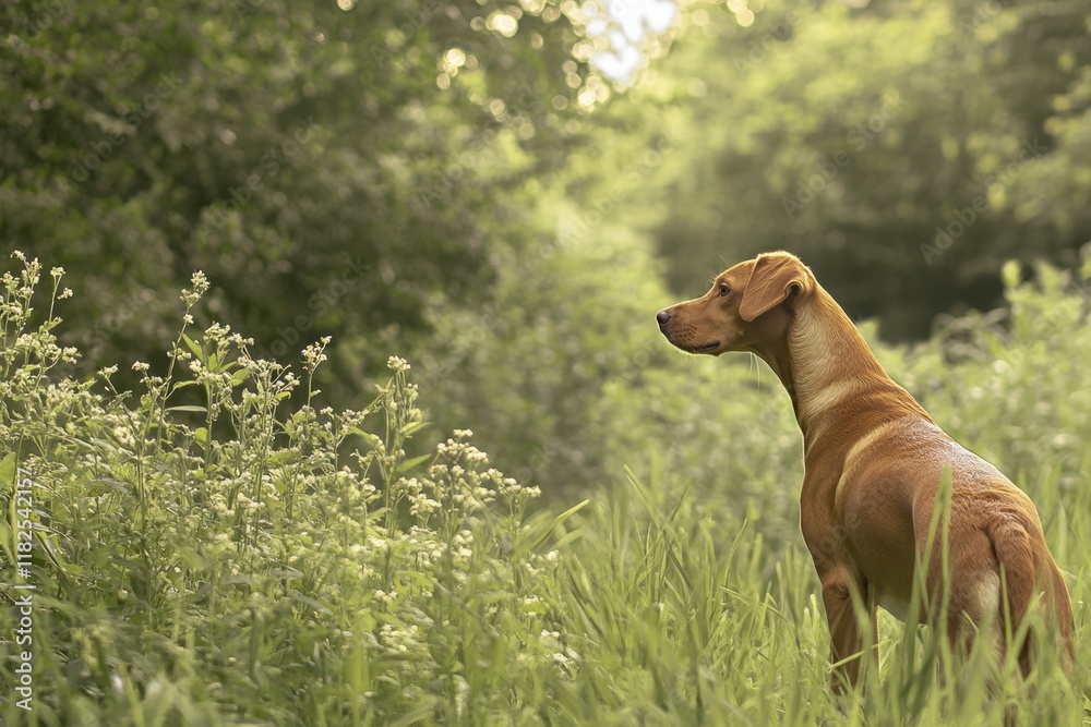 A Vizsla dog standing in tall grass near trees and flowers, side view, sunny day Generative AI A Vizsla dog standing in tall grass near trees and flowers, side view, sunny day Generative AI
