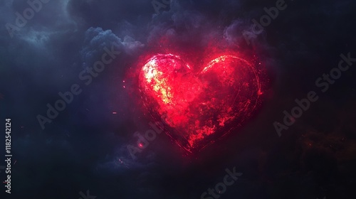 Glowing red heart against a dark background with dramatic lighting