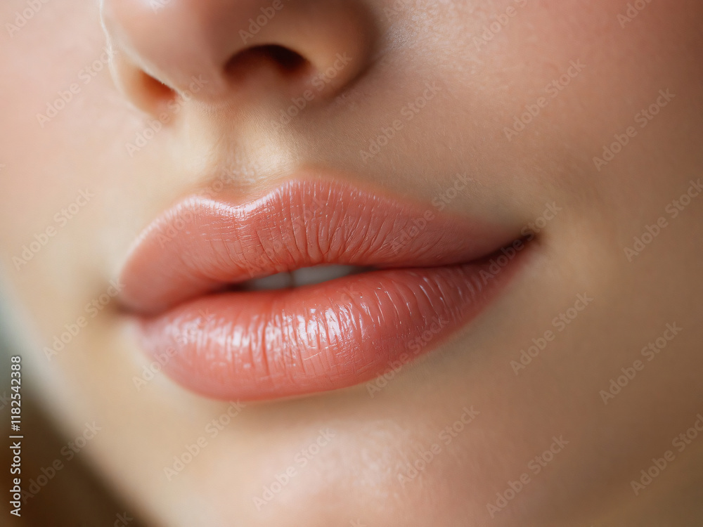 Glossy pink lips close-up, vibrant and alluring, showcasing flawless makeup and beauty. Glossy pink lips close-up, vibrant and alluring, showcasing flawless makeup and beauty.