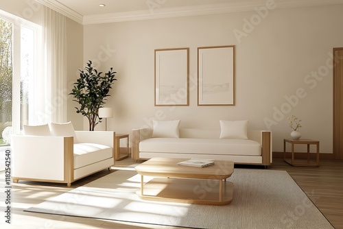 Wallpaper Mural Living room interior, neutral color palette, white sofa, wooden coffee table, potted olive tree, minimalist wall art, textured wallpaper, natural light, cozy atmosphere, Scandinavian design influence, Torontodigital.ca