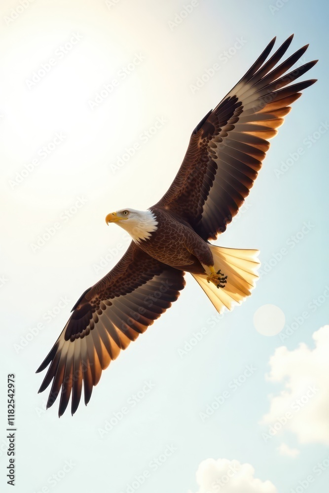 Fototapeta premium A hopeful young eagle soaring through a bright sunlit sky against a white background, sunshine, wings