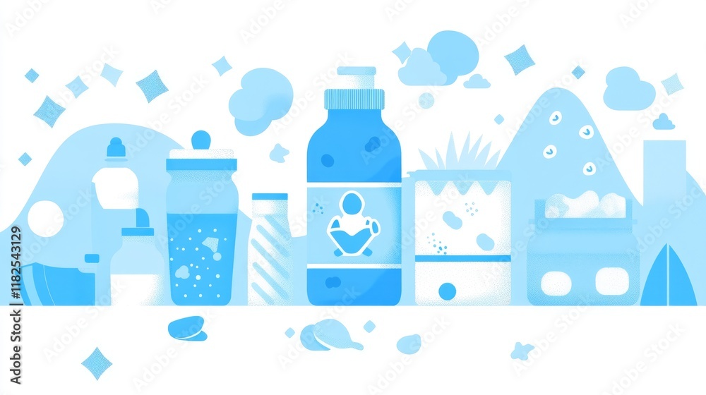 Naklejka premium Stylized illustration of baby products and toys in blue tones