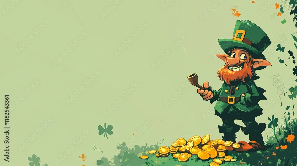 Fototapeta premium Cheerful leprechaun with hat and pipe standing beside gold coins on clover field