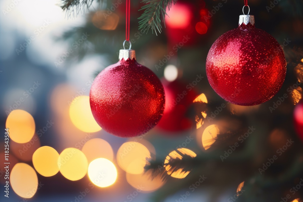 Shiny red christmas ornaments hanging on a christmas tree with blurred lights in the background create a festive holiday scene Shiny red christmas ornaments hanging on a christmas tree with blurred lights in the background create a festive holiday scene
