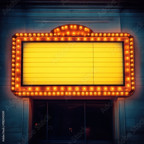 Yellow LED cinema marquee sign mock-up featuring editable text on a transparent background for creative display and promotional use