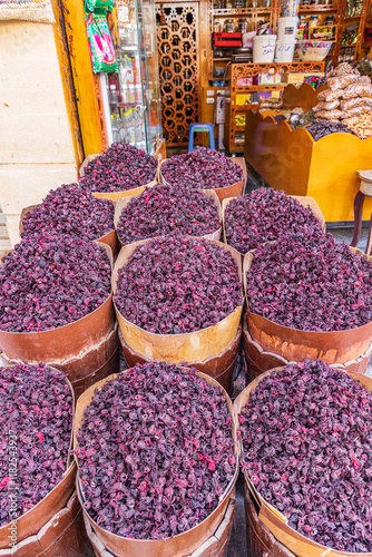 Thebes, Luxor, Egypt. Dried hibiscus flowers for sale at a market.