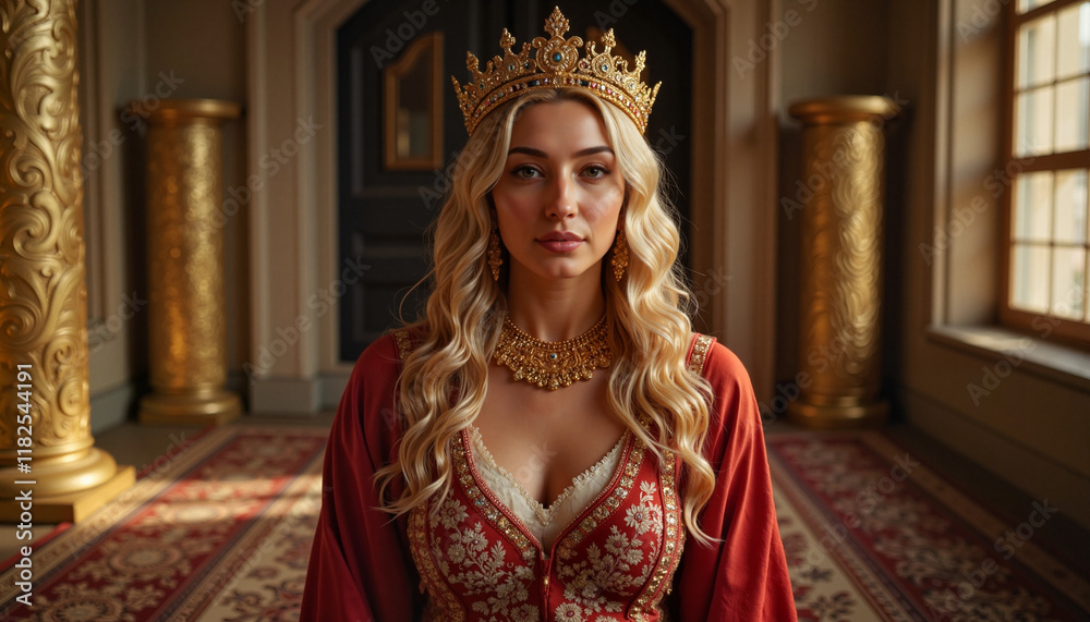 Fototapeta premium Regal woman exuding elegance in Persian palace interior, royalty concept