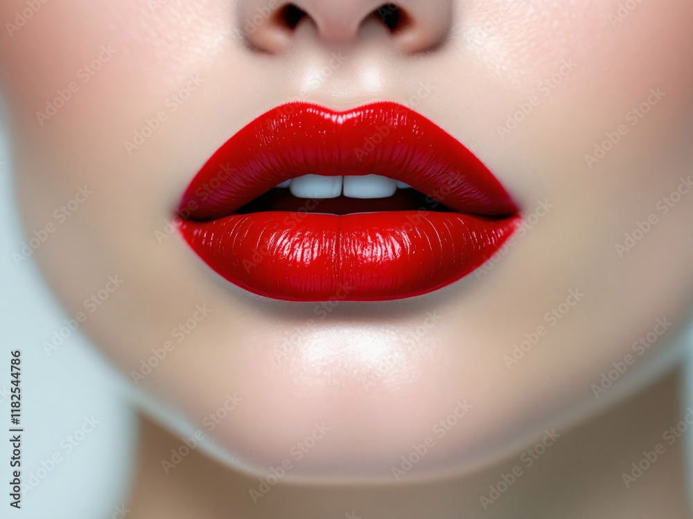 Obraz premium Lips, red, glossy, close-up, makeup, vibrant, sexy, kiss, pout, shiny, bold, alluring, cosmetics, beauty, mouth, glamour, lipstick, sensual, attractive, provocative, luscious, enticing, seductive, gli
