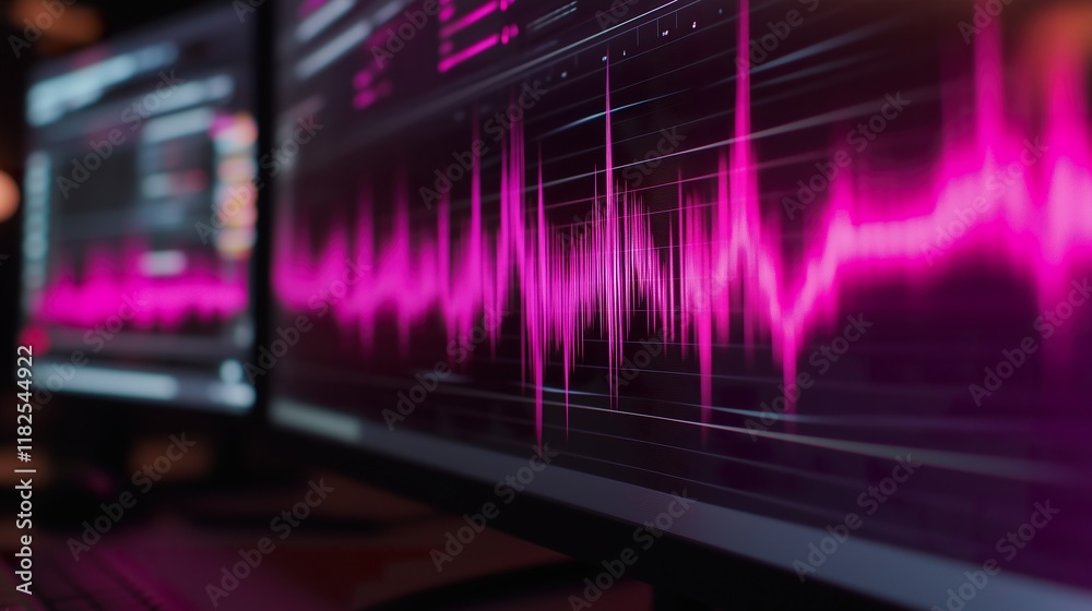 Computer monitor showing audio waveforms dancing Computer monitor showing audio waveforms dancing