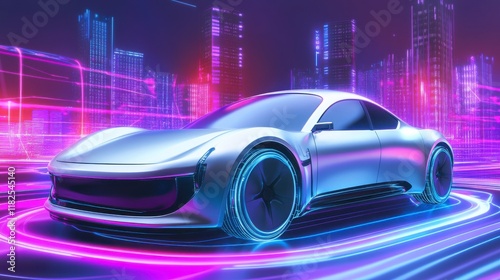 Futuristic Electric Vehicle in a Vibrant Digital Cityscape - A Glimpse into the Future of Transportation