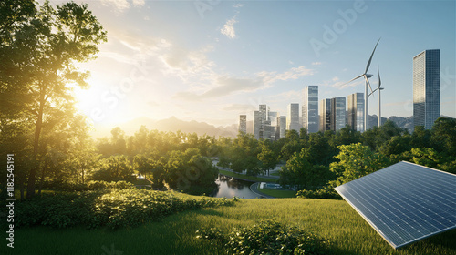 Solar panels and wind turbines in a green landscape with futuristic city skyline at sunrise