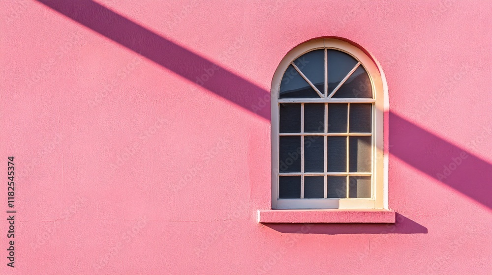 Fototapeta premium Pink Wall with Arch Window and Sunlight Shadow
