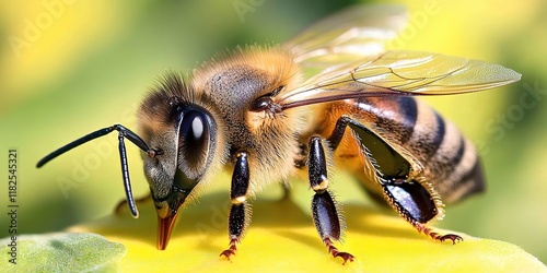 macro photo of honeybee gathering pollen and making honey on honeycomb photo