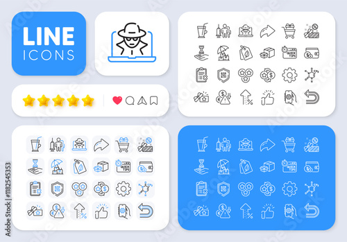 Quick tips, App settings and Deflation line icons for web app. Message, Share, Like social media icons. Pack of Undo, Packing boxes, Loyalty points pictogram icons. Vector