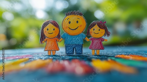 Colorful childlike drawing of family holding hands outdoors