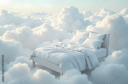 Bed with white bedding linens in white clouds as a concept for a serene and comfortable sleep
